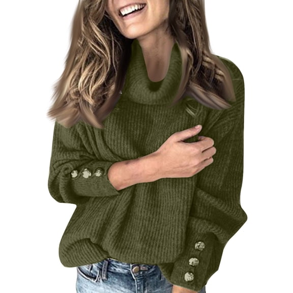 Women's Solid Color High Neck Long Sleeve Knit Pullover Sweater Top - Dark Green - M