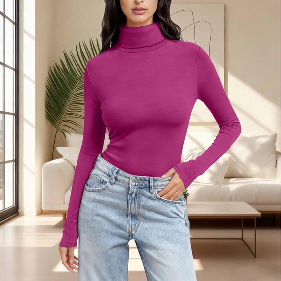Women's Solid Color High Neck Long Sleeve T-Shirt, Slim Fit Stretch Layering Top, Soft Comfy Mock Turtleneck for Daily Wear, Base Layer and Everyday Outfits Hot Pink XXXXXL