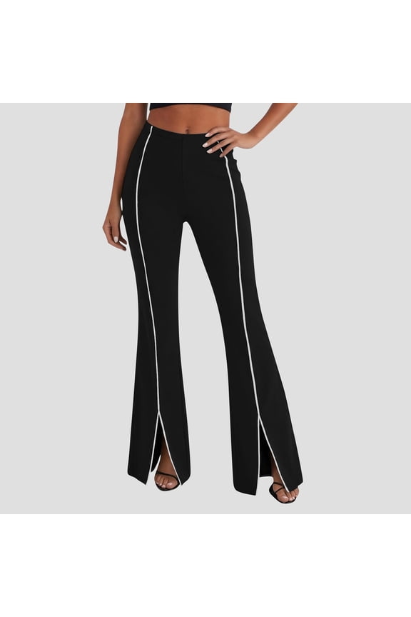 Women's Solid Color High Waist Flare Pants Vertical Line with Front Slit Hem Tummy Control Bootcut Trousers for Yoga Casual Daily Wear