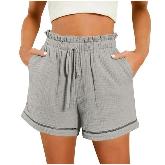 Women's Solid Color High Waist Loose Wide Leg Shorts - Pockets & Drawstring, for Vacation & Clubbing