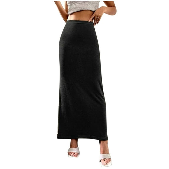 Women's Solid Color High Waist Maxi Skirt Casual Bodycon Long Pencil Skirt Plus Size Maxi Skirts Beach Party Skirts Elastic Waisted Ankle Length Flowy Swing