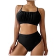 thumbnail image 1 of Women's Solid‑Color High‑Waist Two‑Piece Bikini Set Padded Wire‑Free Loose Spaghetti Strap Split Swimsuit Black L(L), 1 of 5