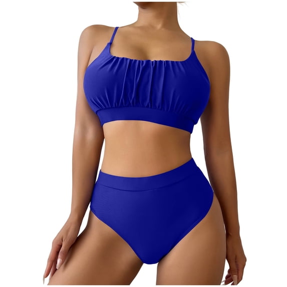 Women's Solid‑Color High‑Waist Two‑Piece Bikini Set Padded Wire‑Free Loose Spaghetti Strap Split Swimsuit Blue S(S)