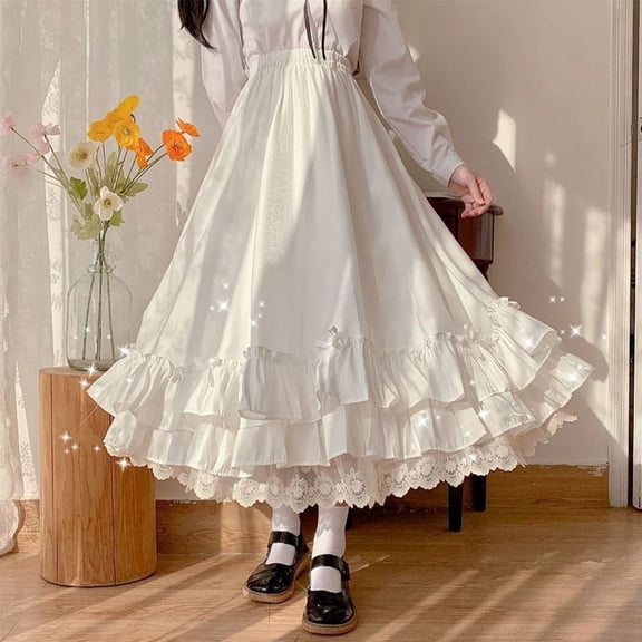 Women's Solid Color High Waist Two Piece Skirt Set Japanese Style Sweet Ruffled Hem Cute Long Skirts Skirts for Women Midi Length Womens Mini Skirt Wrap around Bed Skirt Can Can Skirt Latex