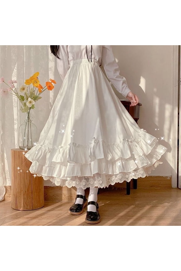 Women's Solid Color High Waist Two Piece Skirt Set Japanese Style Sweet Ruffled Hem Cute Long Skirts Skirts for Women Midi Length Womens Mini Skirt Wrap around Bed Skirt Can Can Skirt Latex