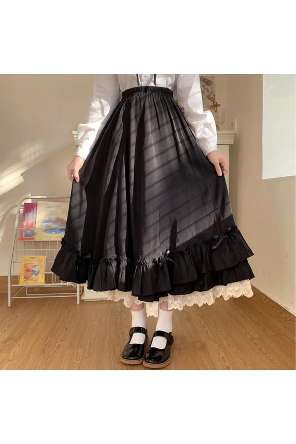 Women's Solid Color High Waist Two Piece Skirt Set Japanese Style Sweet Ruffled Hem Cute Long Skirts Skirts for Women Midi Length Womens Mini Skirt Wrap around Bed Skirt Can Can Skirt Latex