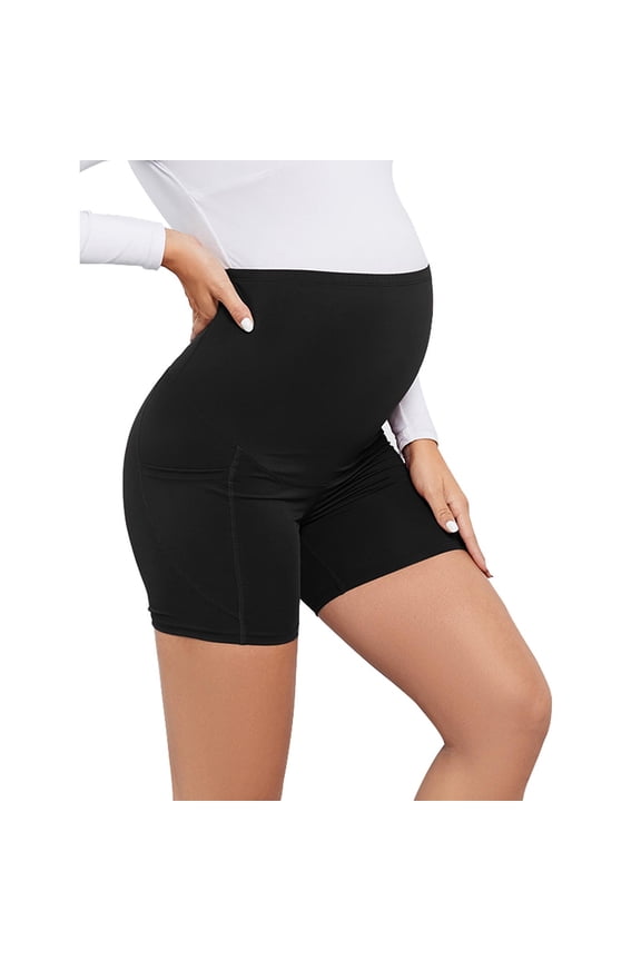 Women's Solid Color High Waisted Belly Lifting Pocket Maternity Shorts Black L