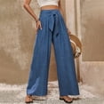 thumbnail image 1 of Women's Solid Color High Waisted Bow Tie Wide Leg Flare Pants, Casual Loose Trousers with Belted Detail, Lightweight Summer Vacation Bottoms for Daily Wear Dark Blue L, 1 of 4