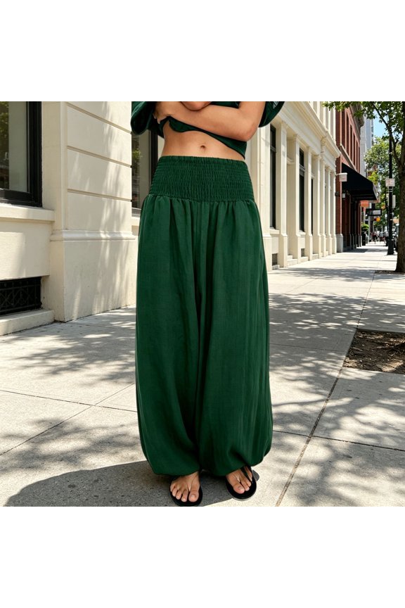 Women's Solid Color High Waisted Gathered Cotton Linen Pants, Balloon Harem Trousers with Elastic Cuff, Loose Wide Leg Breathable Summer Travel Casual Pants Green S