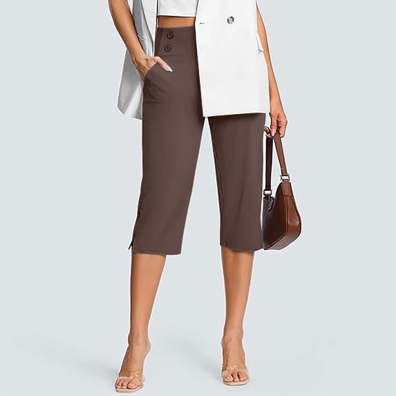 Women's Solid Color High Waisted Stretchy Capri Pants, Pull On Golf Yoga Work Capris for Women, Lightweight Breathable Casual Cropped Pants with Side Pockets Coffee XXXL
