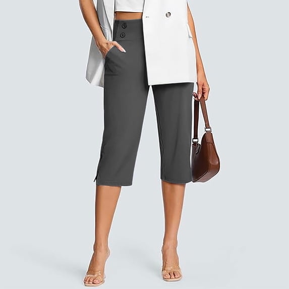 Women's Solid Color High Waisted Stretchy Capri Pants, Pull On Golf Yoga Work Capris for Women, Lightweight Breathable Casual Cropped Pants with Side Pockets Grey XXXXXL