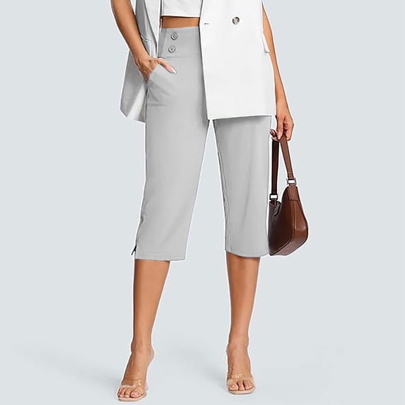 Women's Solid Color High Waisted Stretchy Capri Pants, Pull On Golf Yoga Work Capris for Women, Lightweight Breathable Casual Cropped Pants with Side Pockets White XL