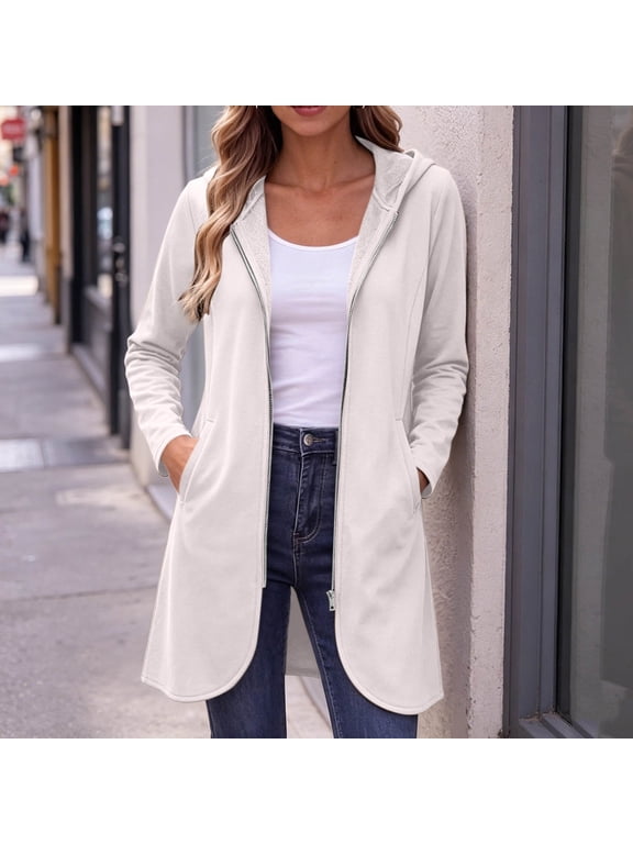 Women's Solid Color Hooded Full Zip Mid-Length Jacket Long Sleeve Outerwear Dual Side Pockets Soft Lining Multi Neutral Hues for Weekend Strolls City Errands White L