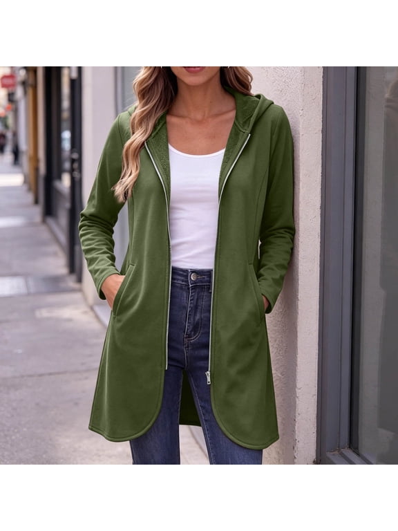 Women's Solid Color Hooded Full Zip Mid-Length Jacket Long Sleeve Outerwear Dual Side Pockets Soft Lining Multi Neutral Hues for Weekend Strolls City Errands Army Green S
