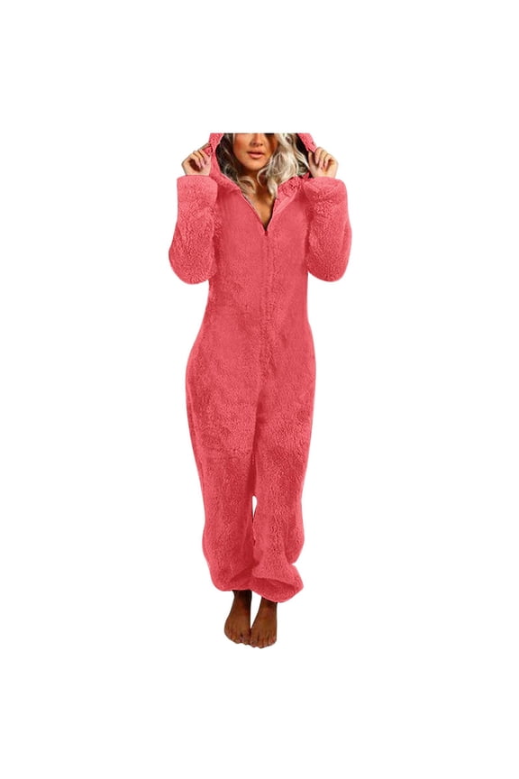 Women's Solid Color Hooded Jumpsuit Pajamas with Zipper - Long Sleeve Autumn Winter Home Wear Loungewear in Multiple Sizes