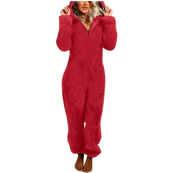 Women's Solid Color Hooded Jumpsuit Pajamas with Zipper - Long Sleeve Autumn Winter Home Wear Loungewear in Multiple Sizes