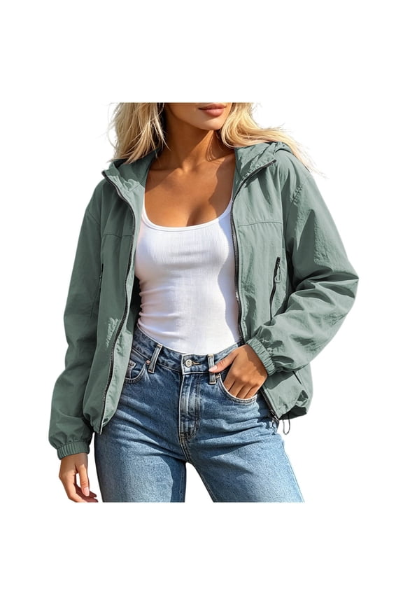 Women's Solid Color Hooded Long Sleeve Sun Protection Jacket With Zipper Pockets