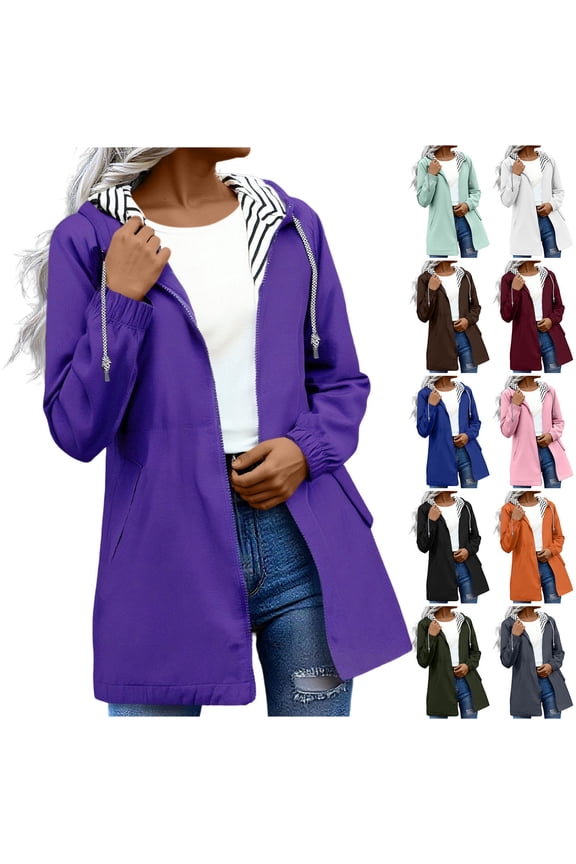 Women's Solid Color Hooded Rain Jacket Windproof Loose Fit Outdoor Coat with Pocket, Casual Daily Wear Waterproof Windbreaker Jacket for Hiking Travel Fashion Essential | CSEONE,Black L