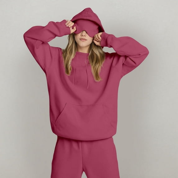 Women's Solid Color Hooded Two-Piece Set - Loose Fit Long Sleeve British Style Casual Hoodie & Pants Comfortable Lounge Wear for Fall/Winter