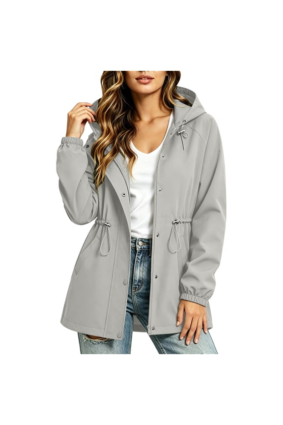 Women's Solid Color Hooded Windbreaker Jacket with Drawstring Waist, Long Sleeve Casual Softshell Coat with Pockets, Waterproof Outdoor Trench for Spring and Fall
