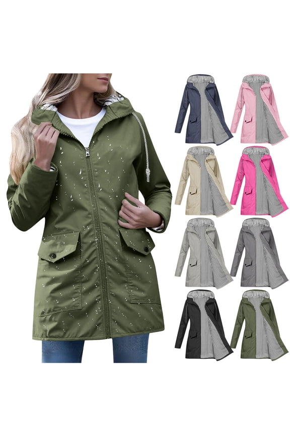 Women's Solid Color Hooded Windproof Rain Jacket Coat Outdoor Loose Fit with Pocket Casual Daily Wear Travel Fashion Essential Gift for Women | Sopatenor,Army Green XL