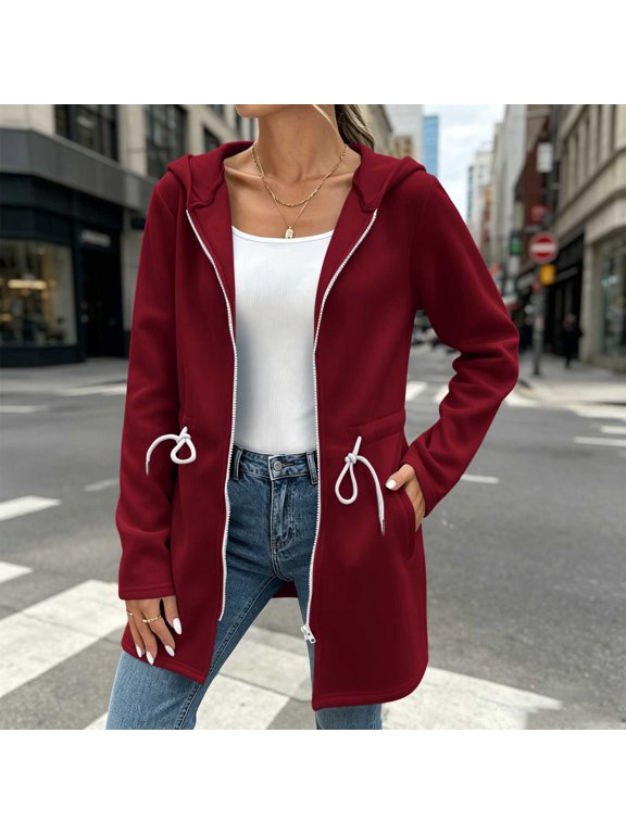 Women's Solid Color Hooded Zip Mid-Length Coat Drawstring Waist Side Hand Pockets Soft Light Fabric Multiple Plain Solid Hues for City Errands Weekend Strolls Red S