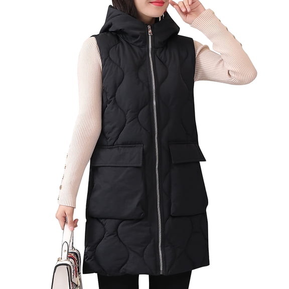 Women's Solid Color Hooded Zip-up Cotton Vest Black XXL