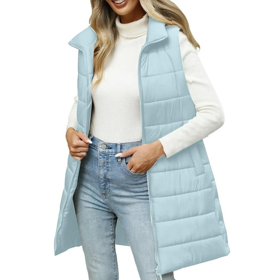 Women's Solid Color Hooded Zip-up Cotton Vest Jacket Casual Coat Autumn and Winter Light Blue XXL