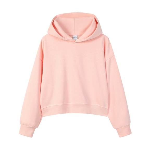 Women’s Solid Color Hoodie, Fashion Loose Fit Long Sleeve Short Sweatshirt, Comfortable Cotton Pullover Top Pink