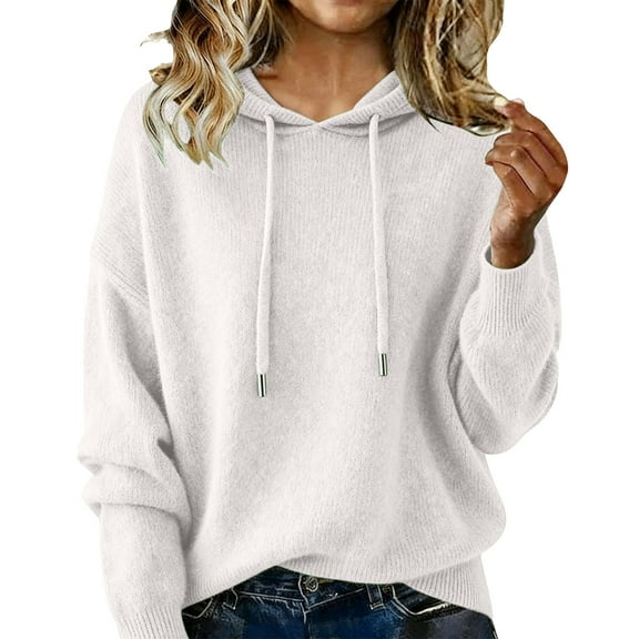 Women's Solid Color Hoodie, Thin Lightweight Pullover Sweater with Drawstring Hood, Loose Fit Casual Long Sleeve Top for Spring and Autumn, Comfortable Soft Everyday Wear White S