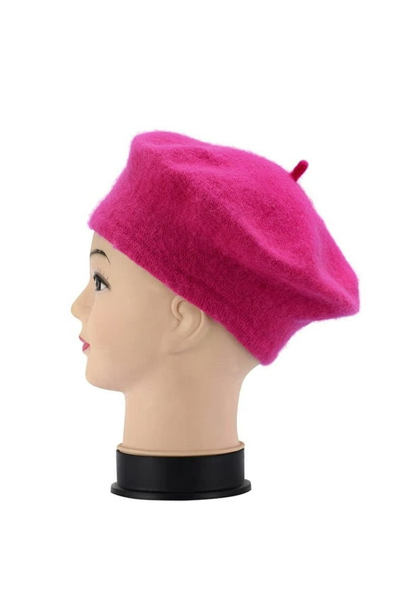 Women's Solid Color Imitation Wool Beret Hat, Classic Retro French Style Painter Cap for Ladies, Stretchable 58cm Head Circumference Daily Wear Beret, Soft Knit Bud Shape Designer Hat - Hot Pink