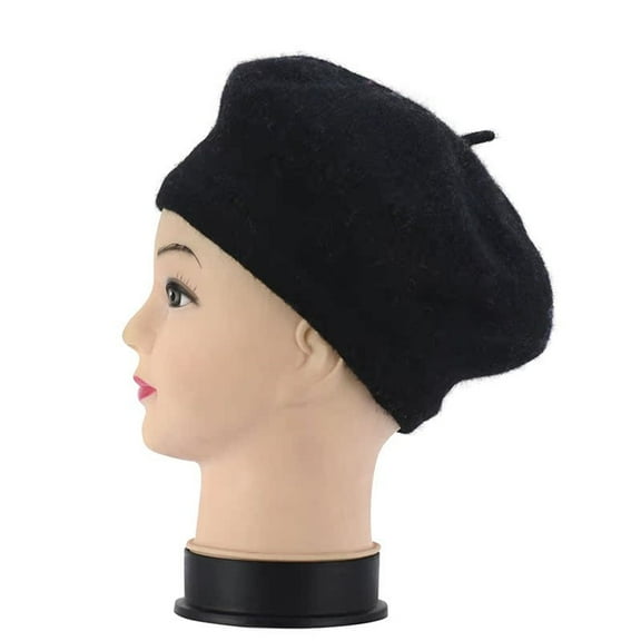 Women's Solid Color Imitation Wool Beret Hat, Classic Retro French Style Painter Cap for Ladies, Stretchable 58cm Head Circumference Daily Wear Beret, Soft Knit Bud Shape Designer Hat - Black