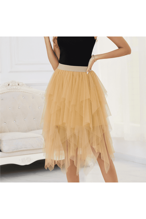 Women's Solid Color Irregular Tulle Skirt, A Line High Waist Midi Layered Mesh Party Skirt for Halloween, Prom, Wedding, Cosplay and Festival Beige M