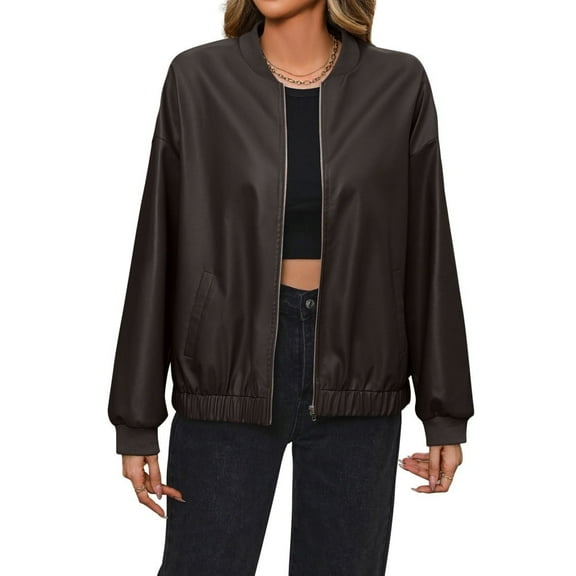 Women's Solid Color Jacket Coat Half High Neck Zipper Top Casual Long Sleeve Motorcycle Leather Jacket Biker Coat