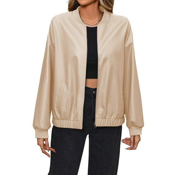 Women's Solid Color Jacket Coat Half High Neck Zipper Top Casual Long Sleeve Motorcycle Leather Jacket Biker Coat