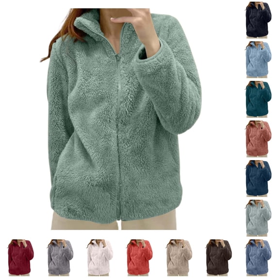 Women's Solid Color Jacket Collar Zip Up Cozy Outerwear