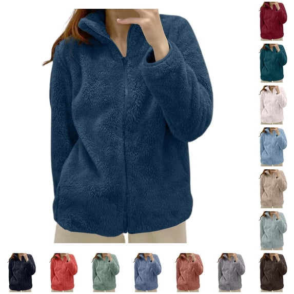 Women's Solid Color Jacket Collar Zip Up Cozy Outerwear