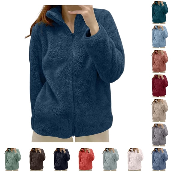 Women's Solid Color Jacket Collar Zip Up Cozy Outerwear