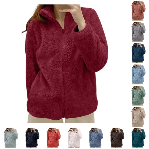 Women's Solid Color Jacket Collar Zip Up Cozy Outerwear