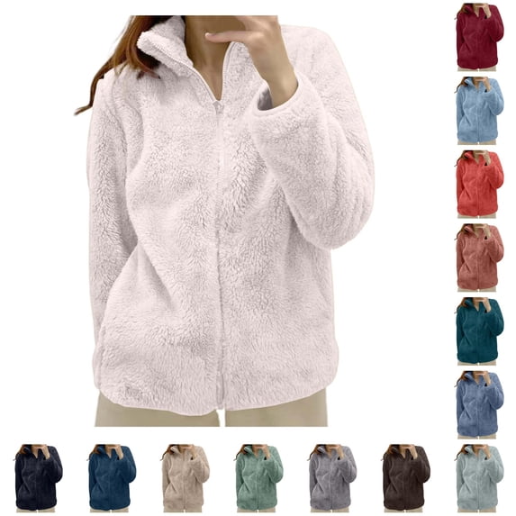 Women's Solid Color Jacket Collar Zip Up Cozy Outerwear
