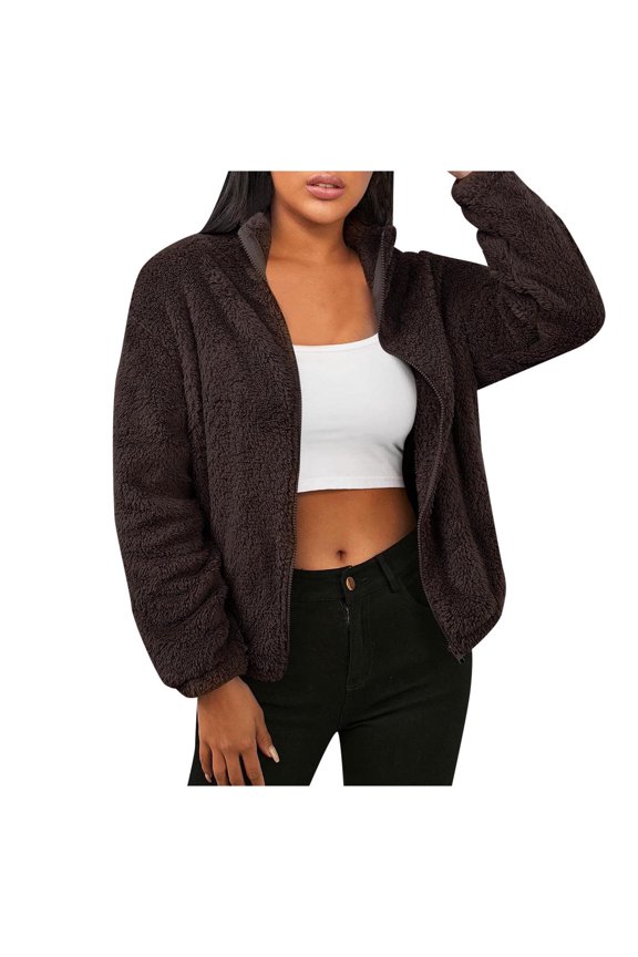 Women's Solid Color Jacket Long Sleeve Button Down Warm Coat Standing Collar Pullover Top