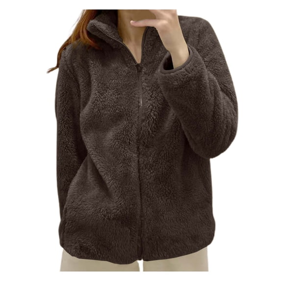 Women's Solid Color Jacket with Collar Zip Up Cozy Outerwear for Cold Weather Comfort and Casual Style