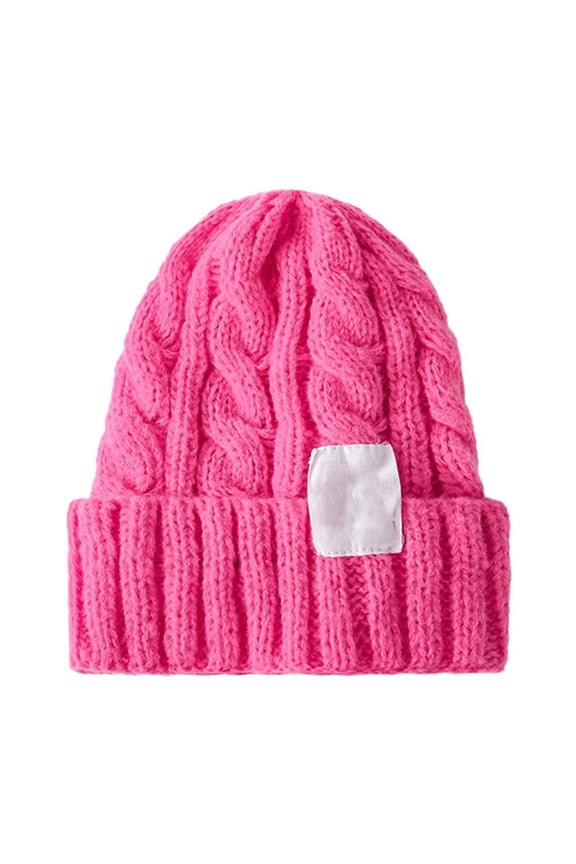 Women's Solid Color Knit Beanie Hat, Cable Knit Design with Rolled Brim and Ear Flaps for Winter Warmth, Casual Wool Blend Hat for Cold Weather Protection and Street Style Hot Pink