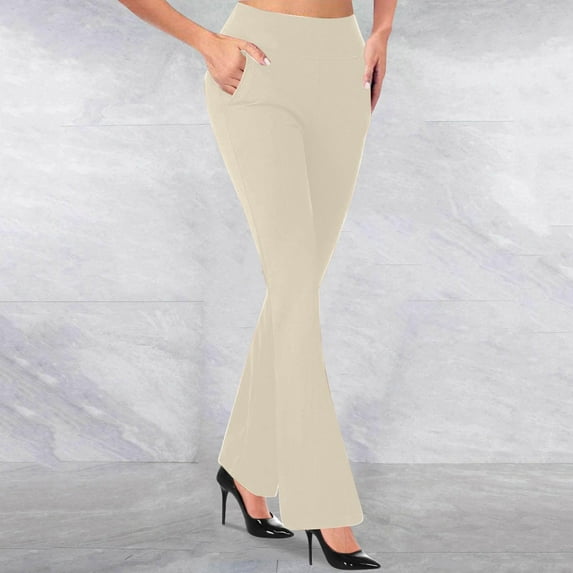 Women's Solid Color Knit Flared Pants, Stretchy Straight Leg Dress Pants with Pockets, Slim Fit Trousers for Work Business and Office Appropriate Professional Settings Beige L
