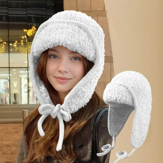 Women's Solid Color Knit Hat with Ear Muffs - Winter Warm Hat for Cold Fall Weather White One Size
