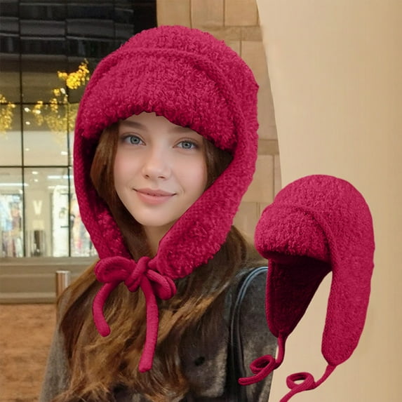 Women's Solid Color Knit Hat with Ear Muffs - Winter Warm Hat for Cold Fall Weather Wine One Size