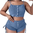 thumbnail image 1 of Women's Solid Color Knit Ribbed Pajama Set Short Sleeve Crewneck Button Front Top with Drawstring Shorts Loose Fit Casual 2 piece Blue, 1 of 4