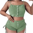 thumbnail image 1 of Women's Solid Color Knit Ribbed Pajama Set Short Sleeve Crewneck Button Front Top with Drawstring Shorts Loose Fit Casual 2 piece Green, 1 of 4