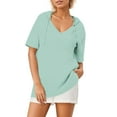thumbnail image 1 of Women's Solid Color Knit Short Sleeve Hooded Sweatshirt with Drawstring and V - Neck, Lightweight, Breathable, Multiple Sizes, 1 of 6