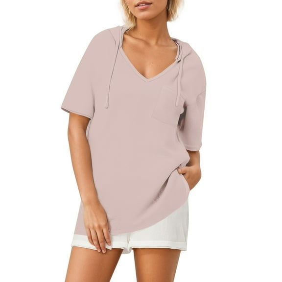 Women's Solid Color Knit Short Sleeve Hooded Sweatshirt with Drawstring and V - Neck, Lightweight, Breathable, Multiple Sizes